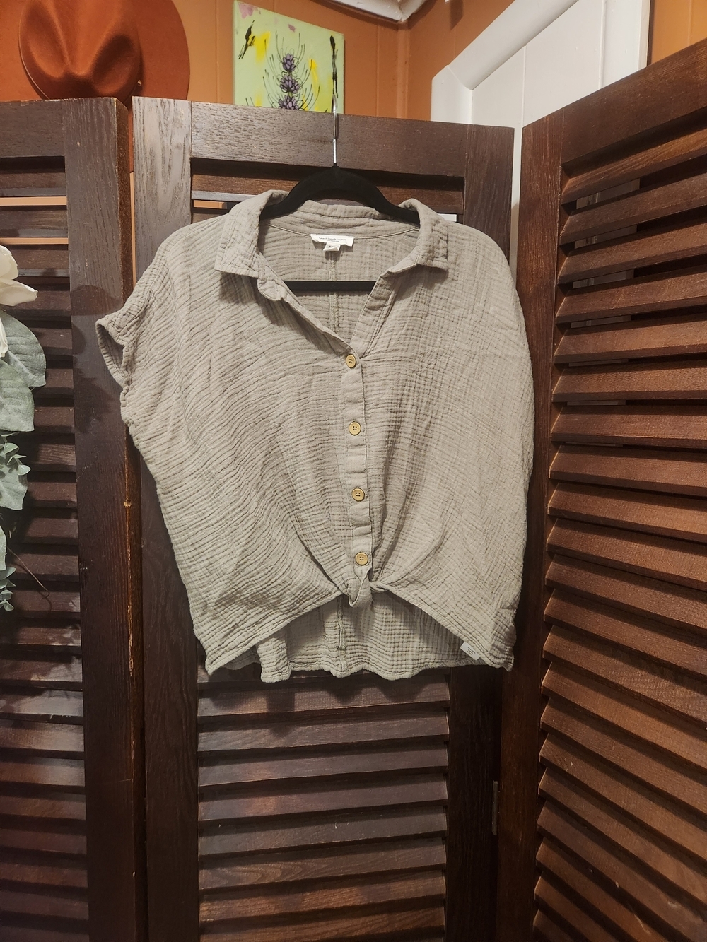 beachlunchlounge Sage Green Gauze Button-Front Short Sleeve Shirt